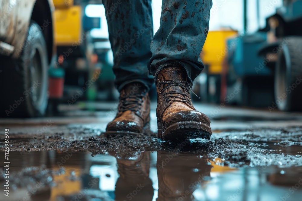 Mud-caked work boots stand in puddle. Image depicts hard work and resilience in tough conditions. Mud-caked work boots stand in puddle. Image depicts hard work and resilience in tough conditions.