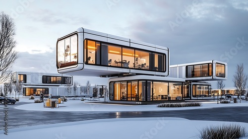 Futuristic Modular Home Design: 3D Render of a Winter Landscape AI Generated