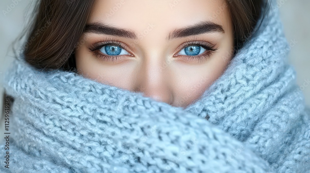 Woman s Blue Eyes Hidden by Cozy Knit Scarf Winter Fashion Portrait Woman s Blue Eyes Hidden by Cozy Knit Scarf Winter Fashion Portrait
