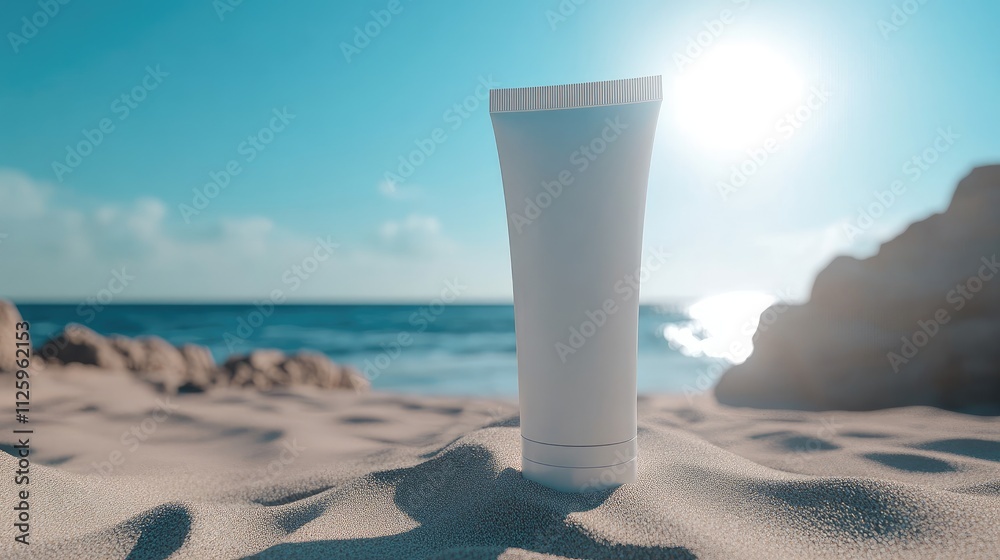A white sunscreen tube on a sandy beach, with a clear blue sky and bright sun, ideal for summer product promotions. A white sunscreen tube on a sandy beach, with a clear blue sky and bright sun, ideal for summer product promotions.