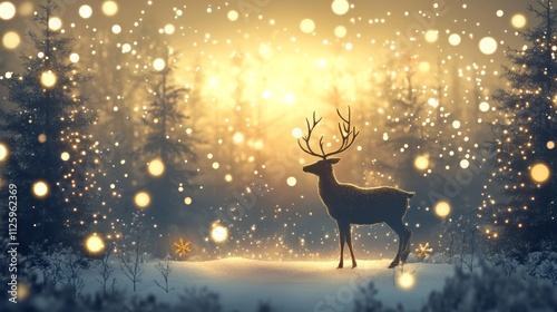 christmas banner with magical scene of a reindeer in center background concept