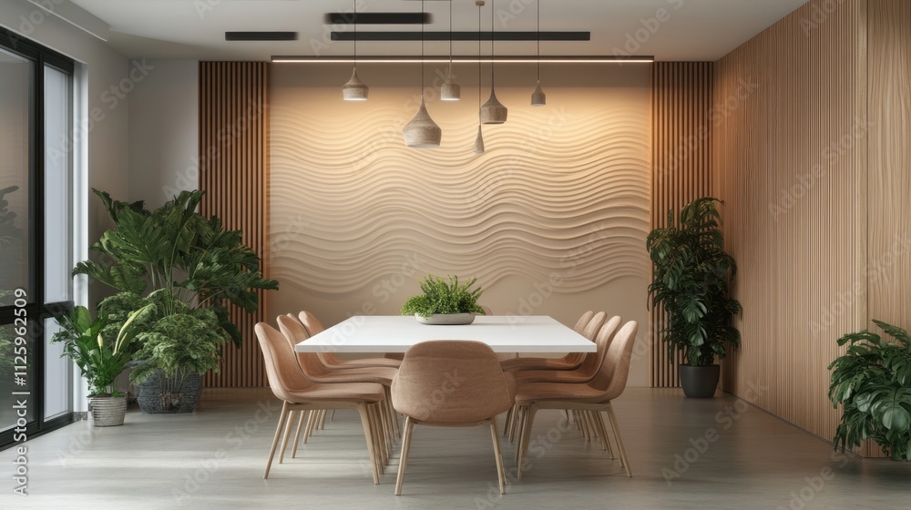 Fototapeta premium Modern Dining Room with Wavy Wall and Natural Elements
