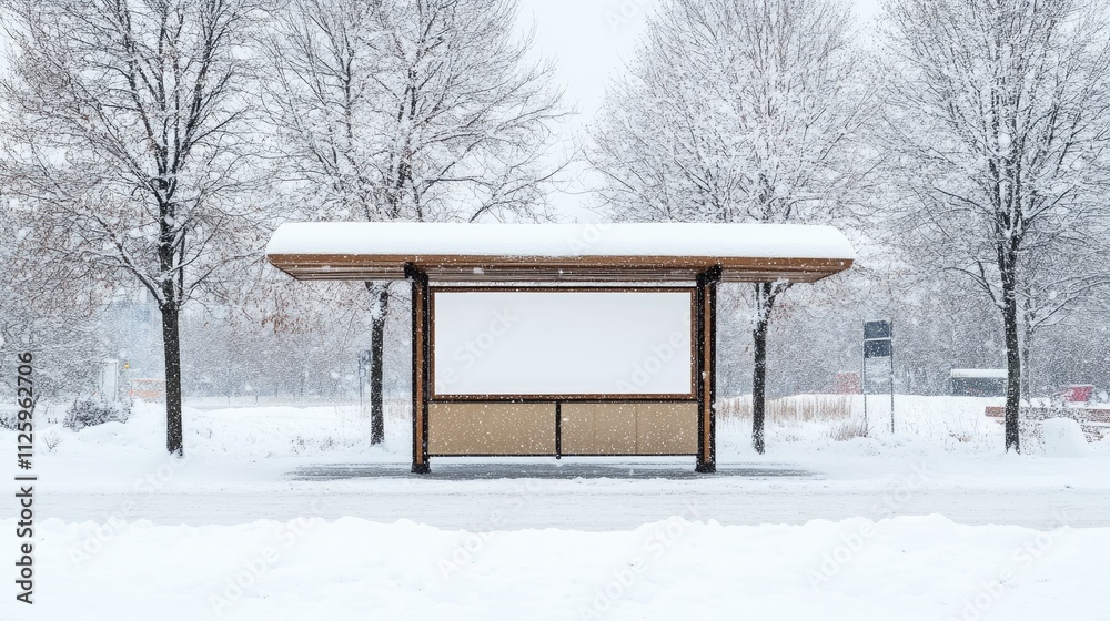 A wintery bus stop covered in snow, with a blank advertisement board and bare trees, evoking a quiet, cold season. A wintery bus stop covered in snow, with a blank advertisement board and bare trees, evoking a quiet, cold season.
