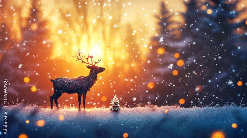 christmas banner with magical scene of a reindeer in center background concept christmas banner with magical scene of a reindeer in center background concept