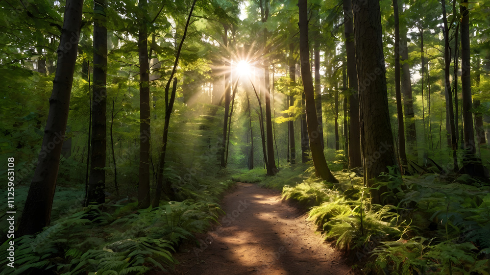 Naklejka premium Forest Path Sunbeams: A sunlit path winds through a lush, green forest, bathed in the golden rays of the morning sun. The scene evokes tranquility and the promise of adventure. 