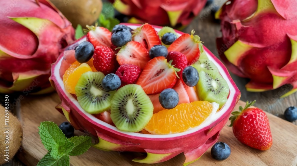 Fresh Fruit Salad Served in Half a Red Dragon Fruit Fresh Fruit Salad Served in Half a Red Dragon Fruit
