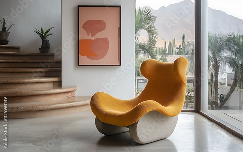 Modern yellow armchair in stylish living room interior with abstract art and mountain view. photo