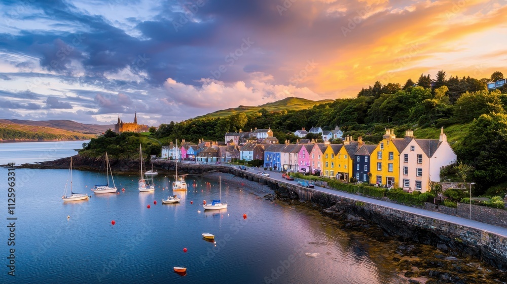 Obraz premium Captivating sunset over a charming coastal village colorful houses and bobbing boats in the harbor serene seaside view