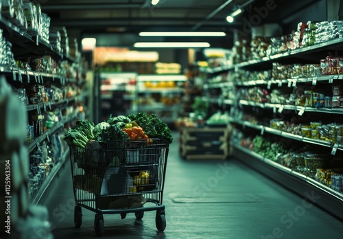 Shopping cart filled with fresh produce in a dimly lit supermarket aisle.