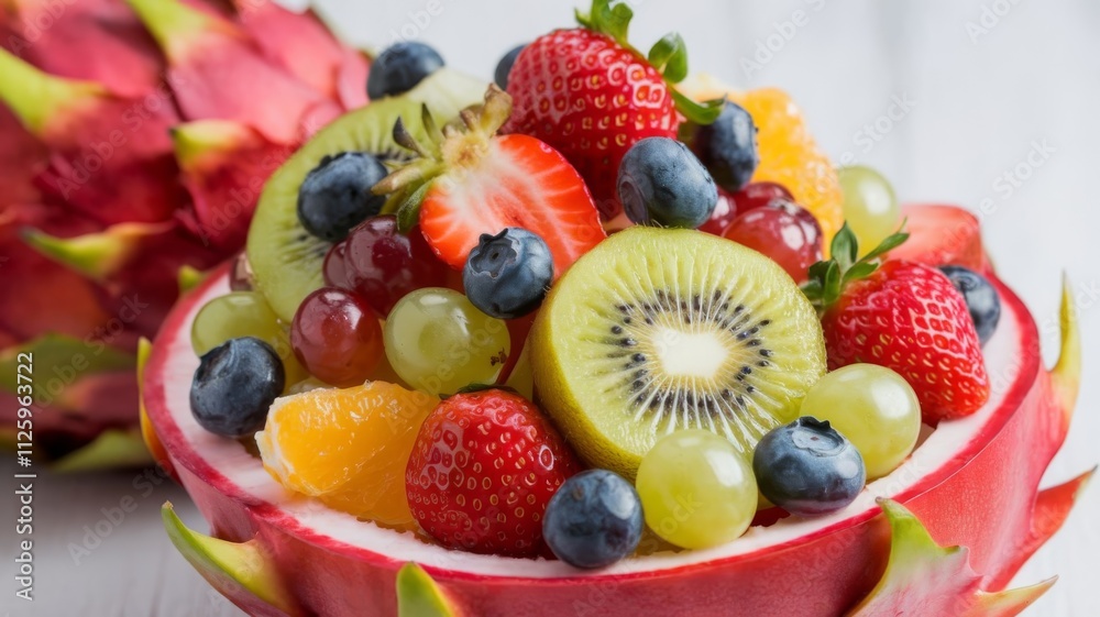 Fresh Fruit Salad Served in Half a Red Dragon Fruit Fresh Fruit Salad Served in Half a Red Dragon Fruit