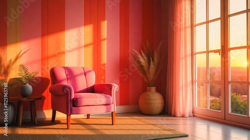 Cozy Living Room Sunset View, A warm and inviting living room with a pink armchair near a large window showcasing a beautiful sunset view. 