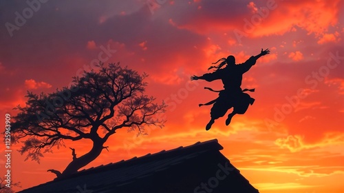 Silhouette Jumper Against Sunset Sky, A silhouetted person leaps powerfully into the air against a vibrant orange and red sunset backdrop. The figure, dressed in a flowing robe.
