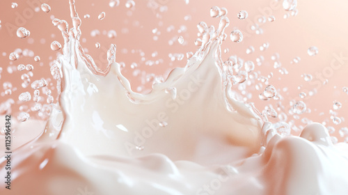 Milk splash creates dynamic water droplets in soft pastel background