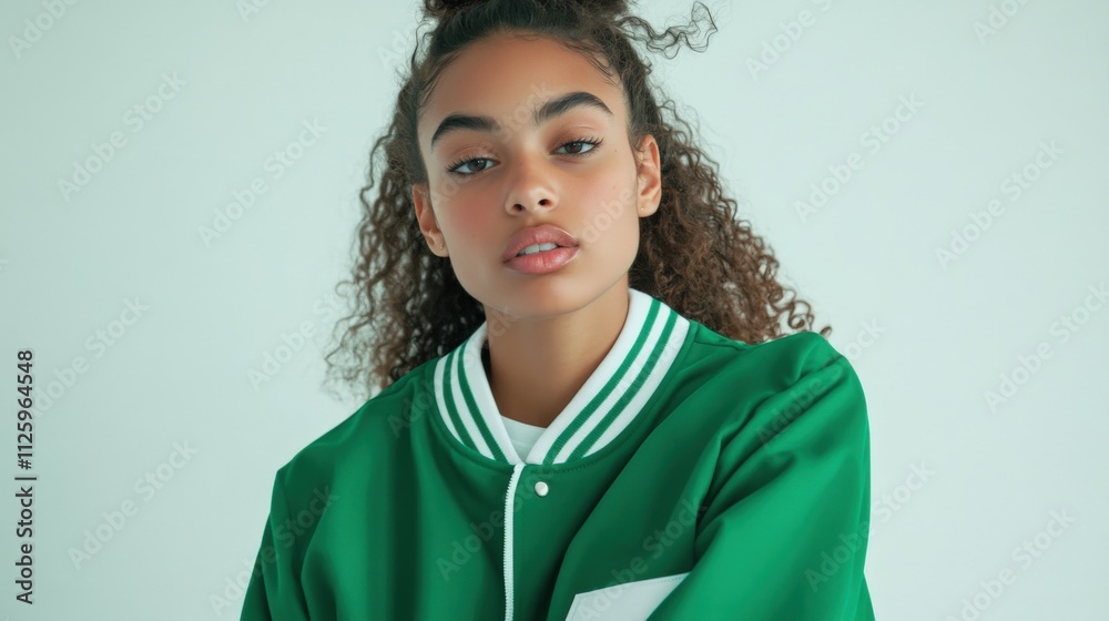 young woman in green jacket with curly hair young woman in green jacket with curly hair