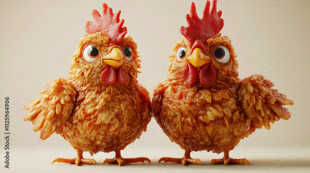 Fototapeta premium Adorable anthropomorphic chickens made of crispy cereal enjoy a playful moment together