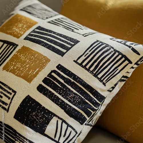 Geometric patterned pillow, black, gold, beige.