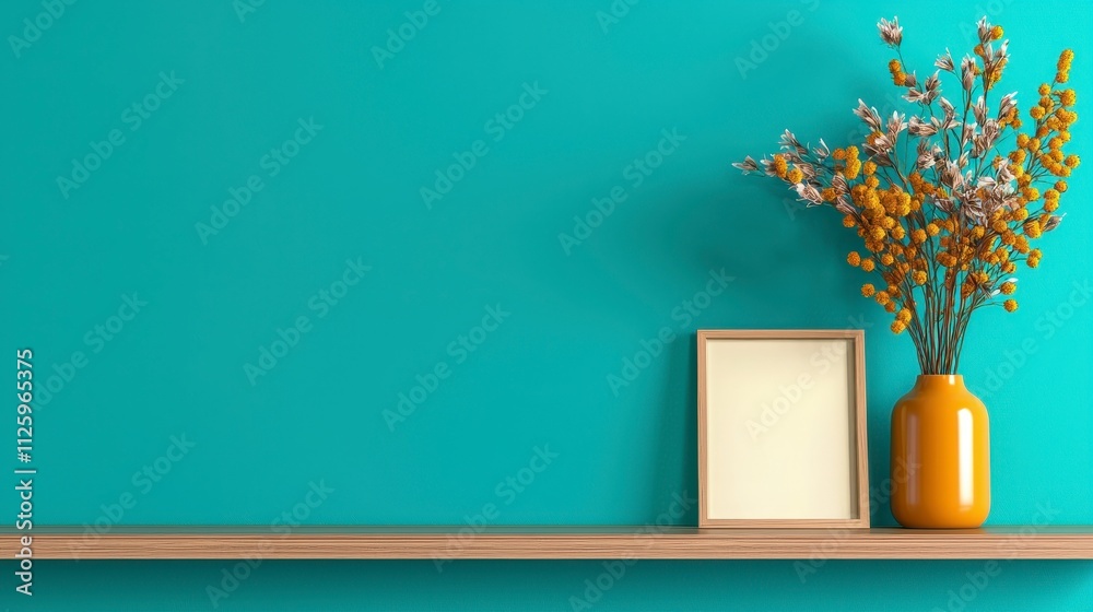 A vibrant turquoise wall features a wooden shelf displaying a blank frame and a yellow vase filled with colorful flowers. A vibrant turquoise wall features a wooden shelf displaying a blank frame and a yellow vase filled with colorful flowers.