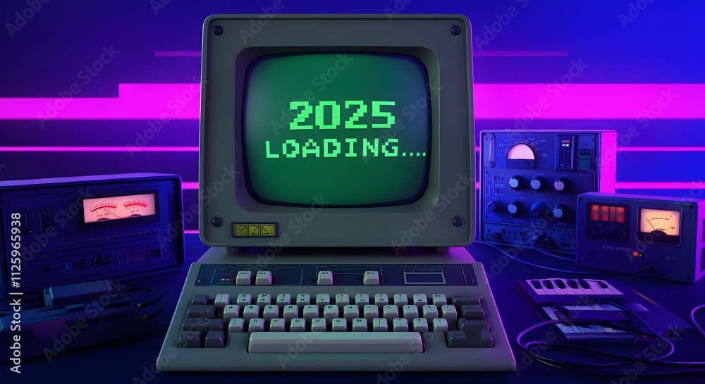 Retro computer with 80s aesthetic, loading screen for New Year 2025, futuristic technology Retro computer with 80s aesthetic, loading screen for New Year 2025, futuristic technology