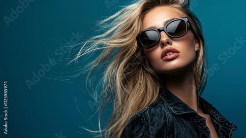 A stylish woman with long hair wears sunglasses against a vibrant blue backdrop, exuding confidence and modern elegance.