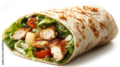 Grilled chicken Caesar salad wrap; fresh lettuce, tomatoes, and parmesan cheese. Perfect for restaurant menus, websites, or food blogs needing a healthy meal image.