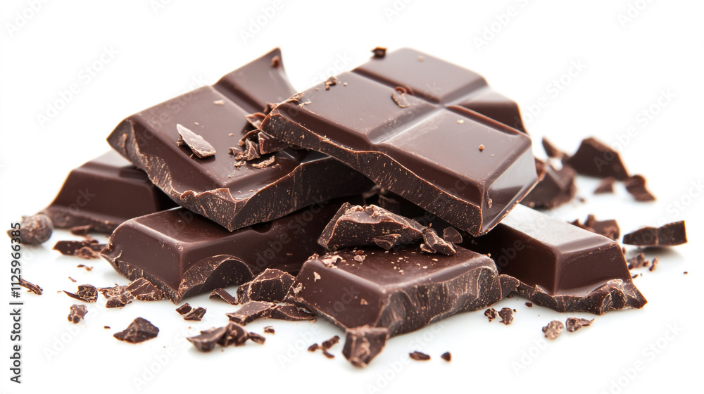 Dark chocolate pieces stacked on a white background ready for indulgence Dark chocolate pieces stacked on a white background ready for indulgence