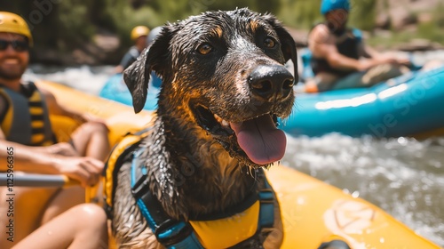 A joyful dog enjoying a river rafting adventure with excited adventurers in the background. photo