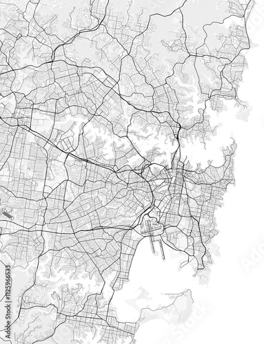 Map of Sydney, Australia. Perfect for posters, printing, wallpaper, and home decor. Maps with monochrome and black and white styles, suitable for those who want to customize