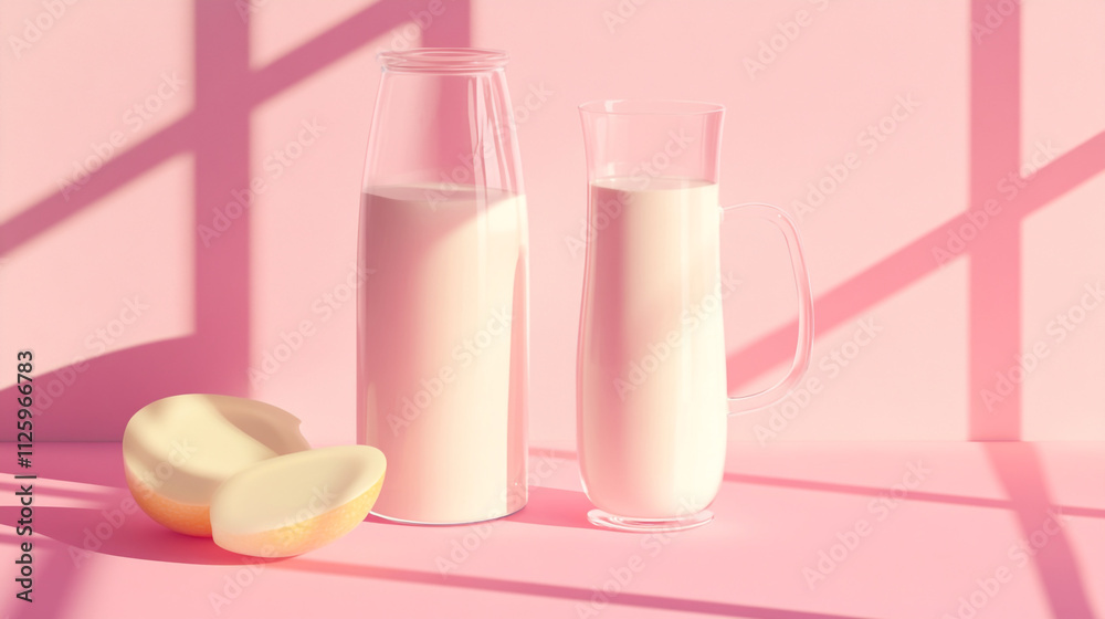Soft pink background with milk containers and a slice of fruit creating a serene still life Soft pink background with milk containers and a slice of fruit creating a serene still life