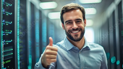 A smiling man gives a thumbs-up in a data center filled with servers, conveying positivity and success in technology.