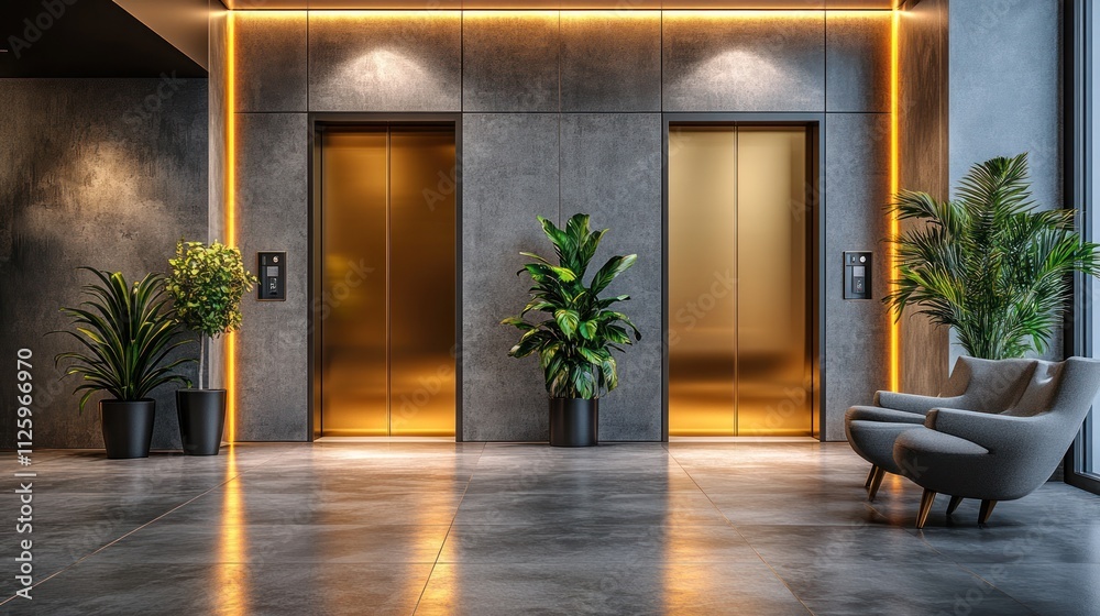 Modern lobby with gold elevators, plants, and seating. Modern lobby with gold elevators, plants, and seating.