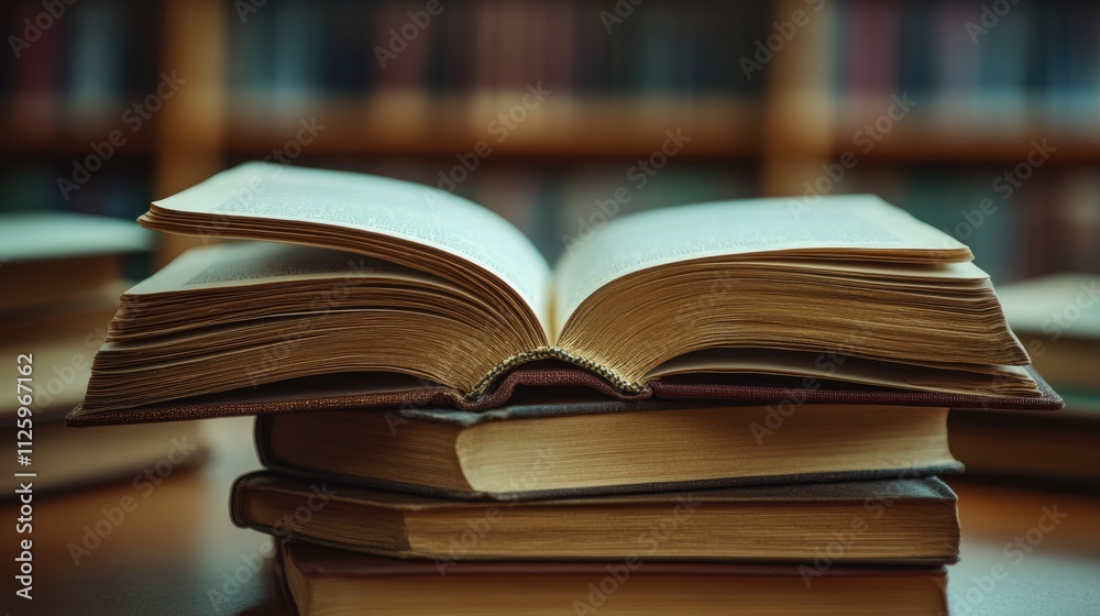 Fototapeta premium Open Book on a Stack of Books in a Library