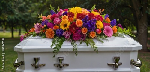 A coffin adorned with flowers in a serene cemetery during golden hour