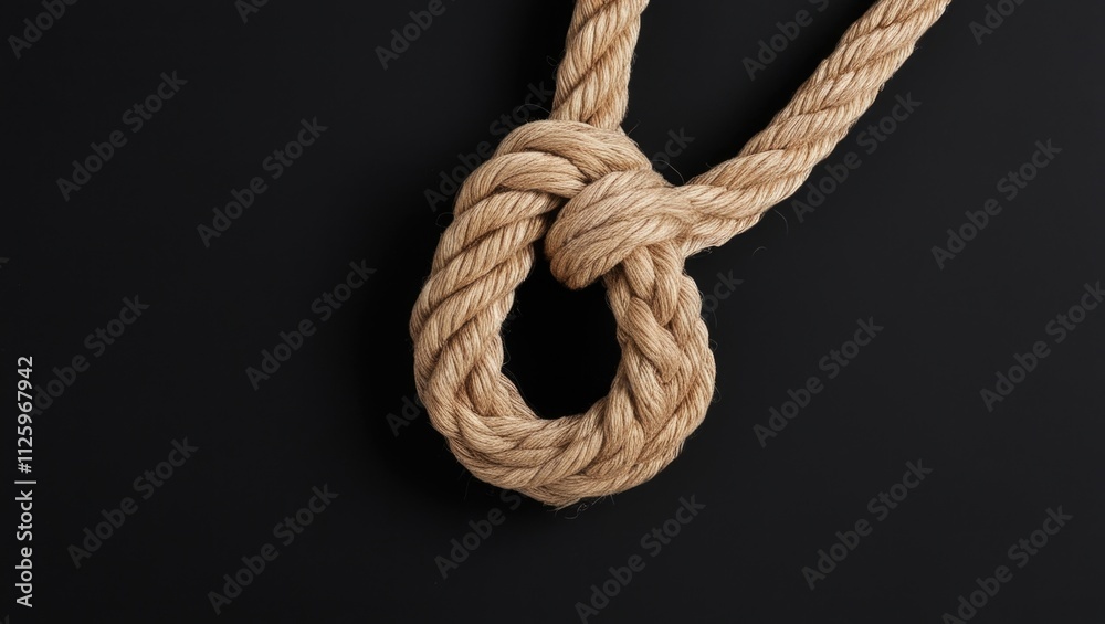 A close-up of a knotted rope on a dark background highlighting the texture and detail of the material A close-up of a knotted rope on a dark background highlighting the texture and detail of the material