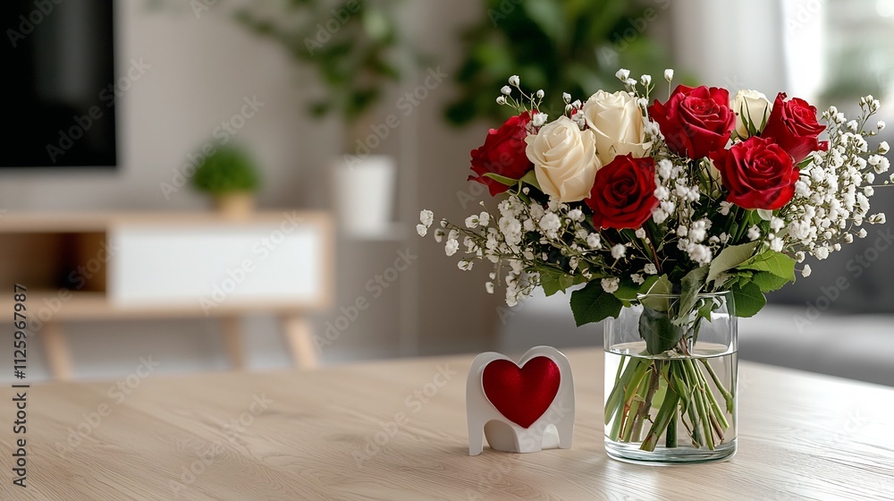 Obraz premium Minimalist Living Room Decor with Heart Themed Flower Arrangement on Wooden Table