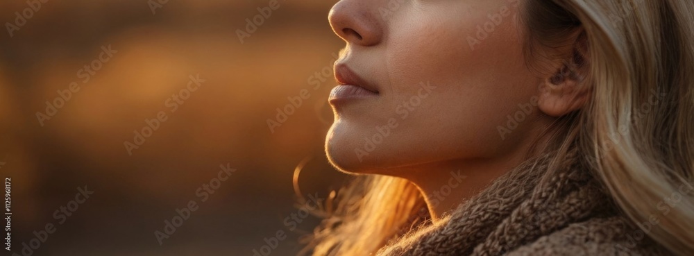 Thoughtful blonde woman in warm sunset light. Close-up portrait Thoughtful blonde woman in warm sunset light. Close-up portrait