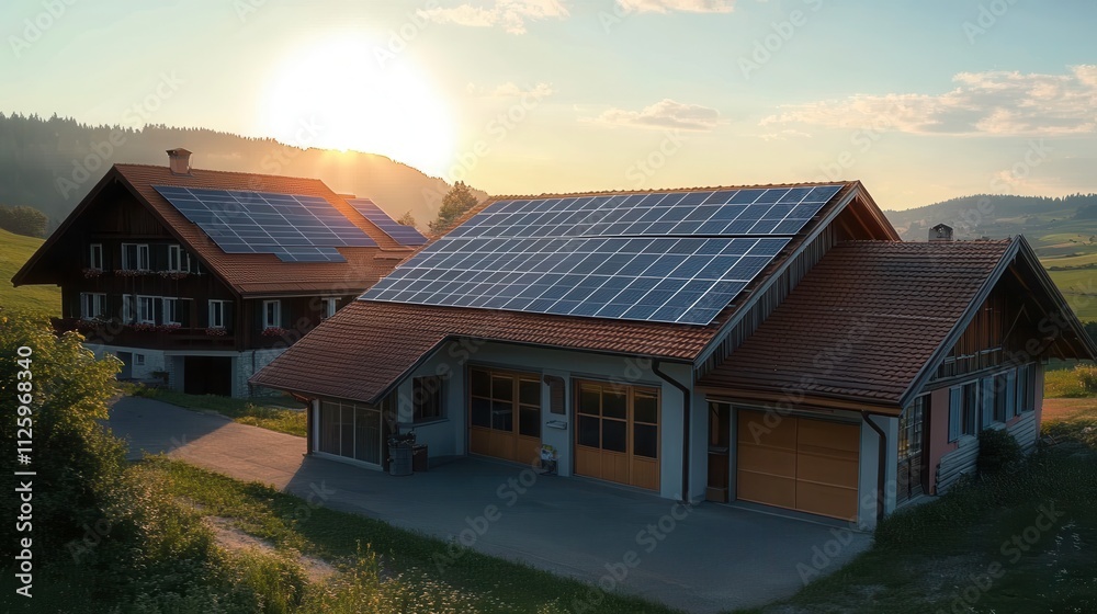 Solar photovoltaic power generation installed on the roofs of suburban residential buildings Solar photovoltaic power generation installed on the roofs of suburban residential buildings