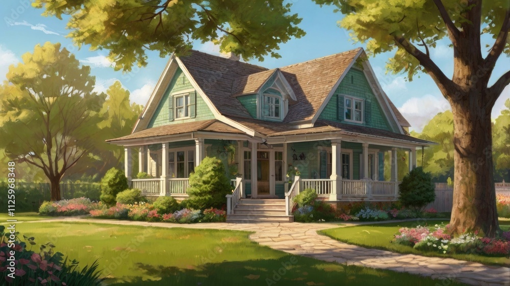 A charming green house with a wide porch surrounded by lush gardens on a sunny day, showcasing a serene suburban neighborhood A charming green house with a wide porch surrounded by lush gardens on a sunny day, showcasing a serene suburban neighborhood