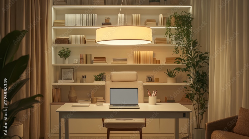 Modern Home Office with Warm Lighting and Bookcases Modern Home Office with Warm Lighting and Bookcases