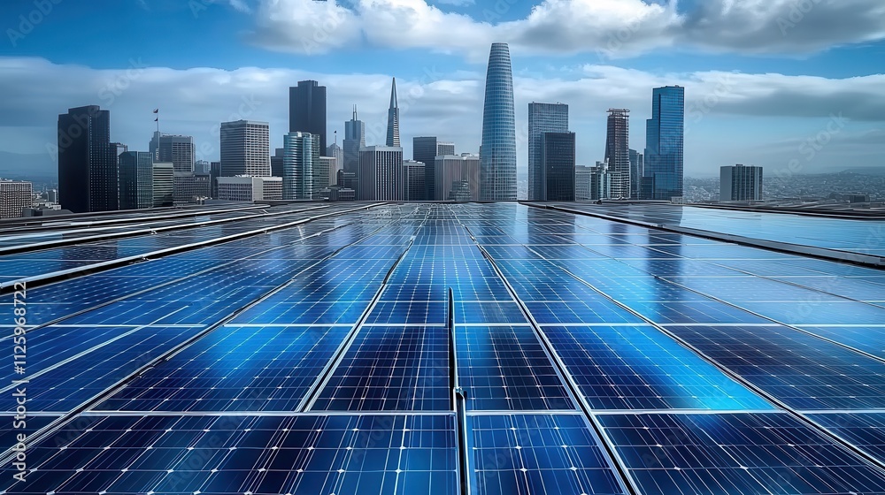 Large solar panels and distant urban buildings Large solar panels and distant urban buildings