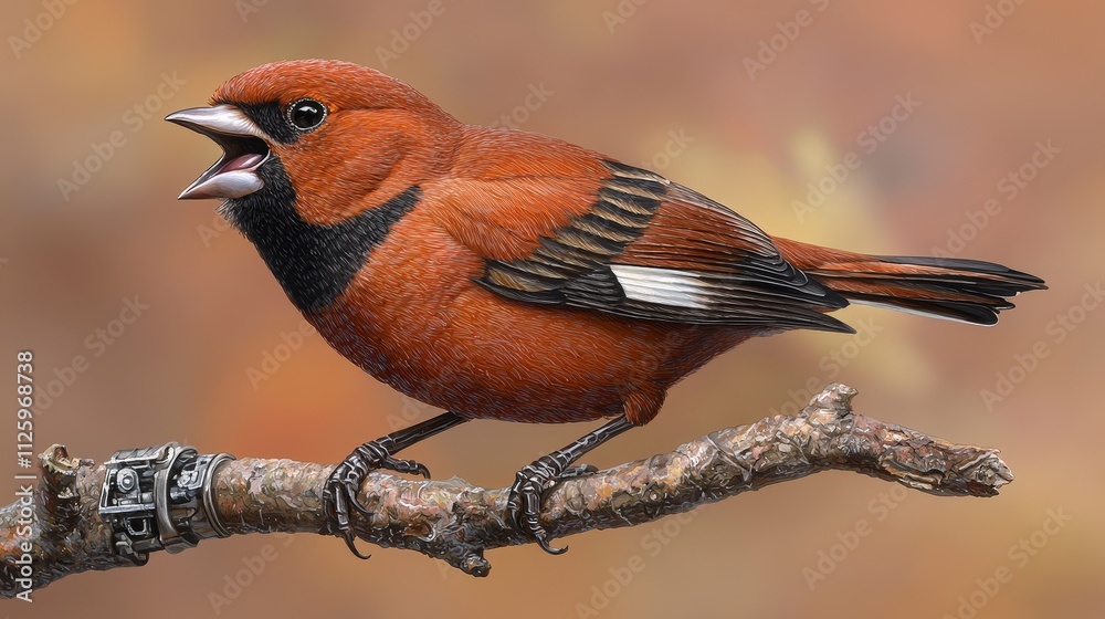 Fototapeta premium Vibrant Red Bird Singing on Branch Detailed Illustration Wildlife Art