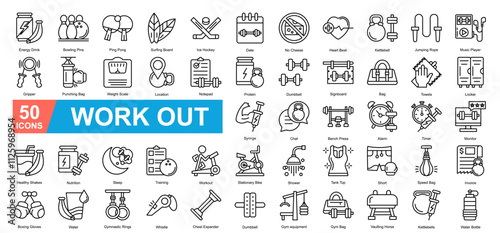 Work Out Icon Sheet Energy Drink, Bowling Pins, Ping Pong, Surfing Board, Ice Hockey, Date, No Cheese, Heart Beat, Kettlebell, Jumping Rope, Gripper, Punching Bag