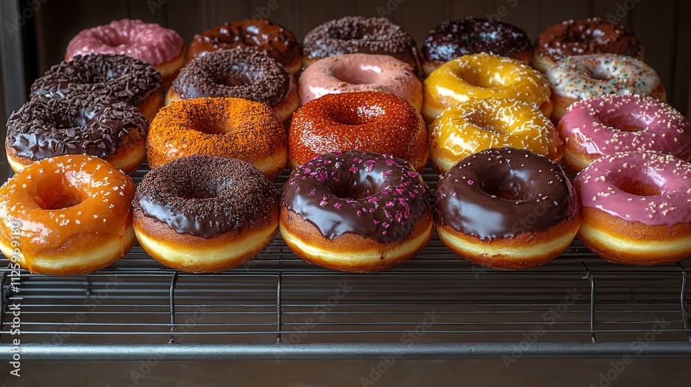 A vibrant selection of donuts in various colors and toppings is arranged on a wire rack. Sprinkles, glazes, and chocolate coatings create an appetizing display in a cozy bakery.