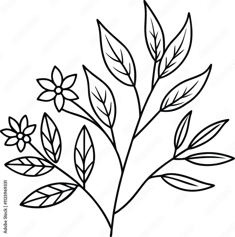 Fototapeta premium Decorative branch illustration leaves line art