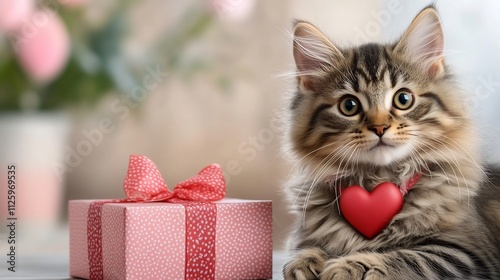 Romantic Cat with Heart Shaped Collar and Valentine s Gift Box on Pastel Background photo