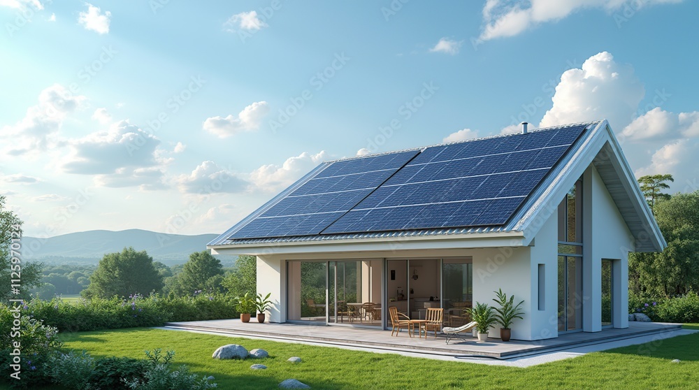 Futuristic Smart Home with Solar Panels on Rooftop in Green Surroundings Futuristic Smart Home with Solar Panels on Rooftop in Green Surroundings