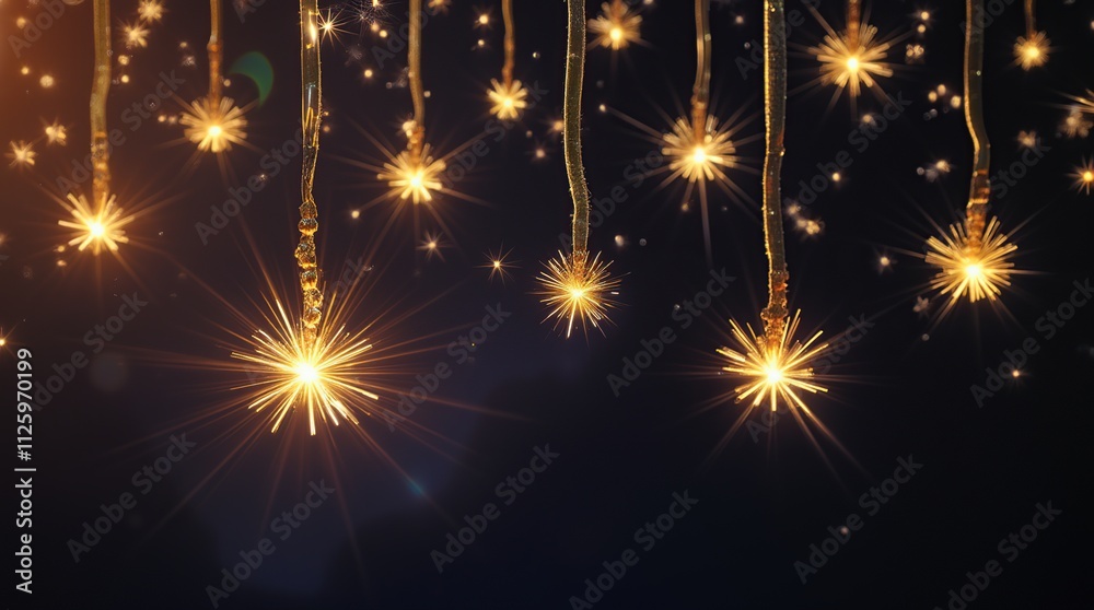 Naklejka premium Golden Stars Hanging on Dark Background Creating Festive Atmosphere