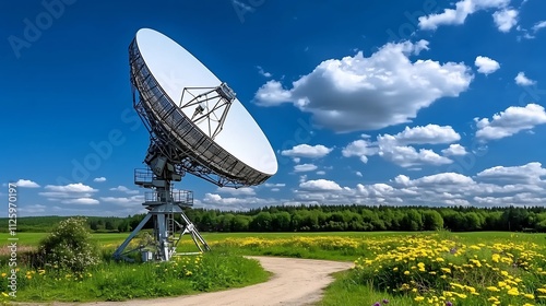 Satellite Dish Receiving Signals from Clear Sky with Clouds and Grassy Landscape in Background
