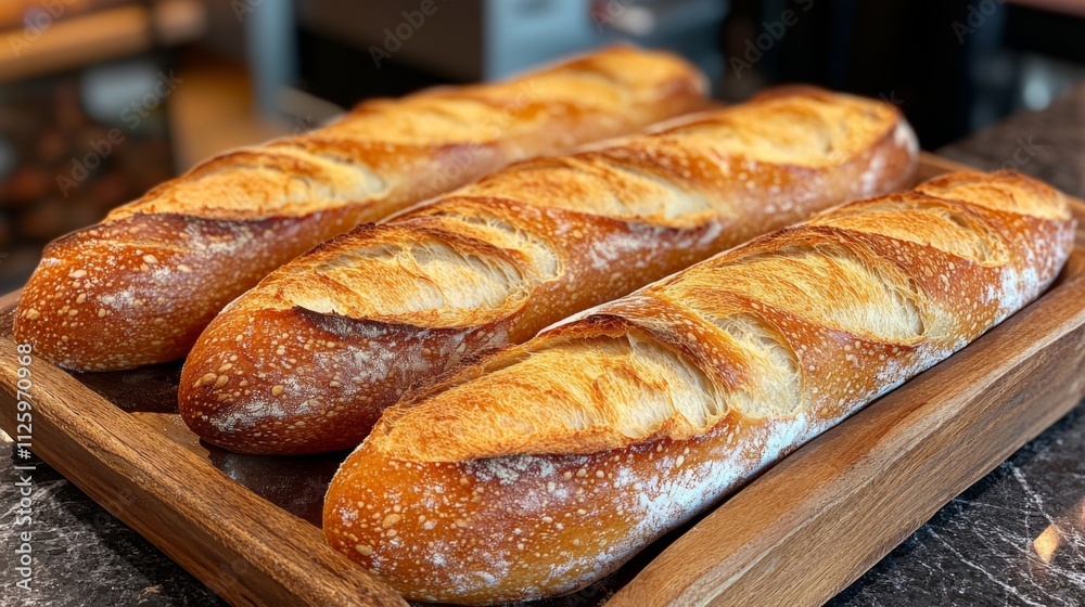 Three golden-brown artisan bread loaves are arranged neatly on a wooden tray inside a cozy bakery. The loaves have a crispy crust and are invitingly fresh. Three golden-brown artisan bread loaves are arranged neatly on a wooden tray inside a cozy bakery. The loaves have a crispy crust and are invitingly fresh.