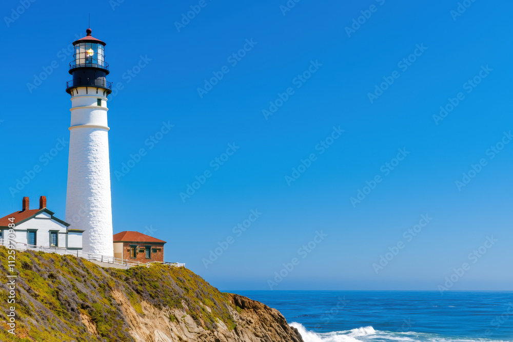 A dramatic rocky coastline with crashing waves and a lighthouse standing tall on a cliff edge A dramatic rocky coastline with crashing waves and a lighthouse standing tall on a cliff edge