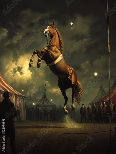 A majestic horse performs acrobatic stunts under the lights of a vintage circus setting.